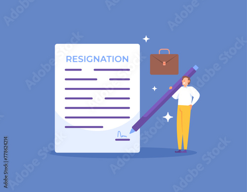 a man signs a resignation letter. quit your job. resigned from work because he wanted to be free. resignation letter and employee. flat style illustration concept design. graphic elements. vector