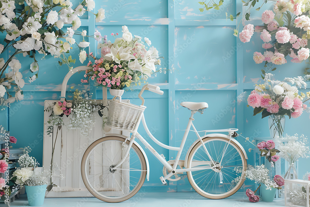 Blue Floral Bicycle Room Digital Backdrops, Maternity Backdrop, Studio Backdrop, Fine Art Textures.
