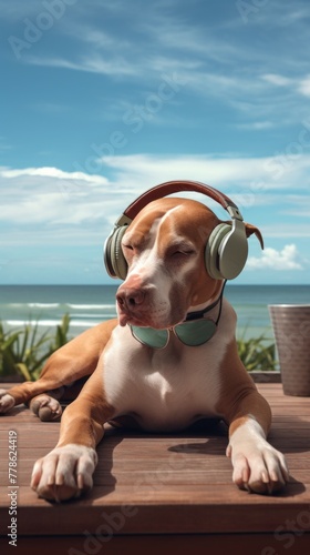 A dog with headphonesis lying on the roof traveling at the beach