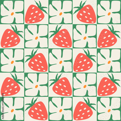 Colorful seamless pattern. Vintage hippie style background. Geometric checkered print wallpaper, spring natural background texture with flowers and strawberries.