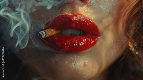 Red Lips Holding Cigarette, Moody Smoke in Dark Ambiance