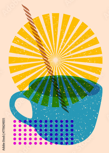 Risograph Coffee cup with geometric shapes. Objects in trendy riso graph print texture style design with geometry elements.