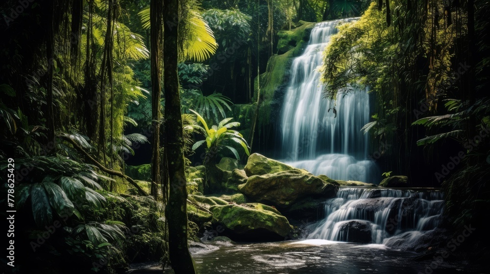 A lush jungle scenery with a beautiful waterfall falling from a steep rock face