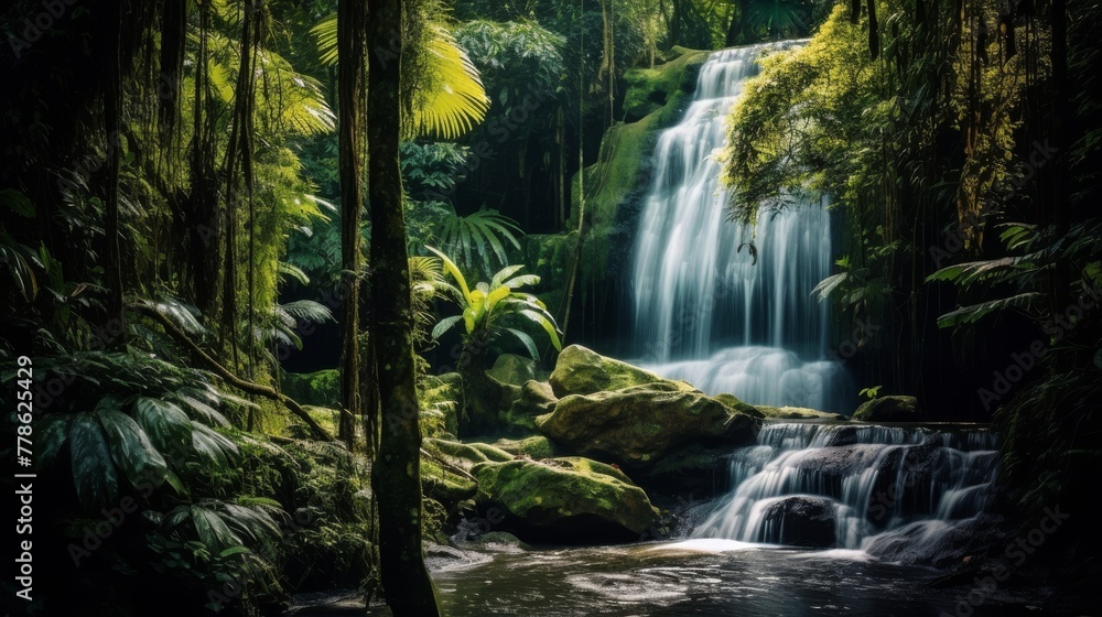 Fototapeta premium A lush jungle scenery with a beautiful waterfall falling from a steep rock face