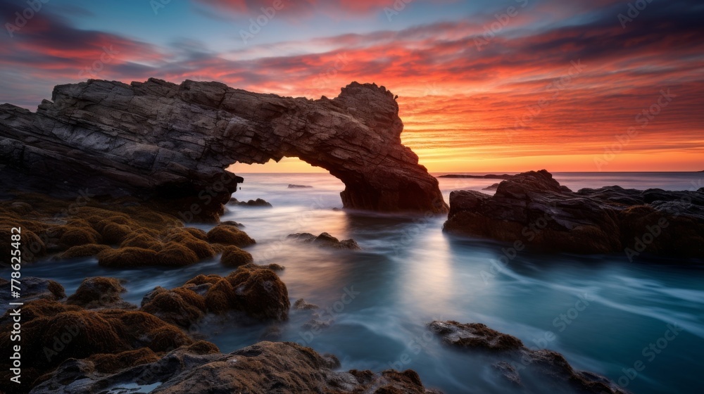 The golden light of dawn reflects on a sea arch