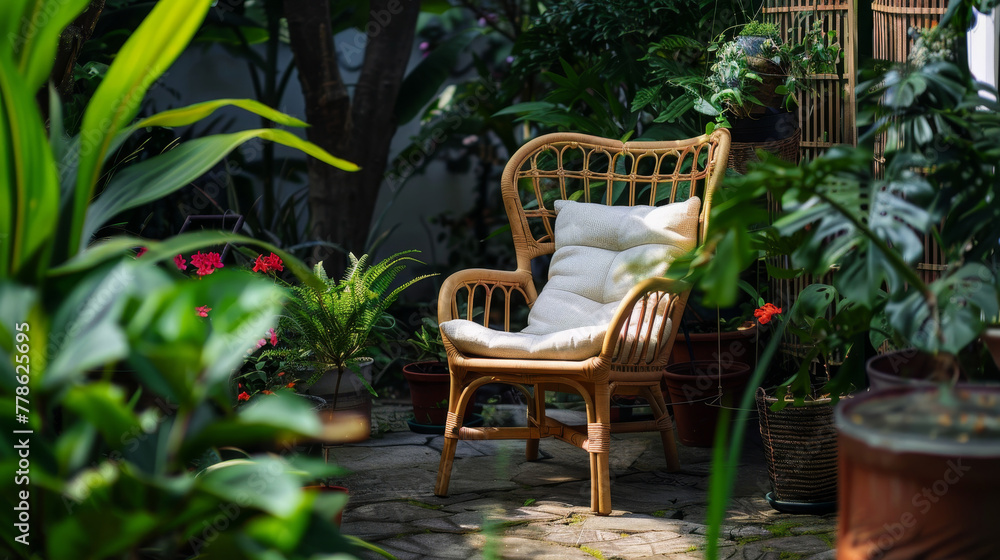 A wicker chair is sitting in a garden with a white pillow on it