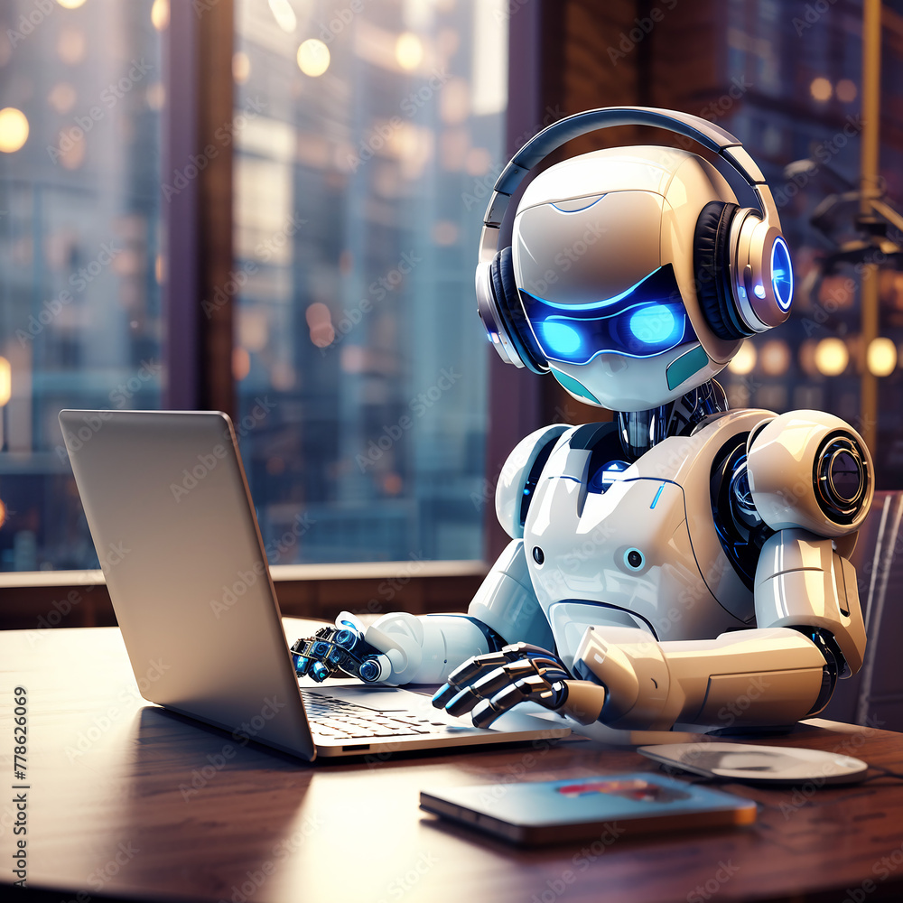 robot with laptop, Robot wearing headphones, music, person, headphones, computer, laptop, headset, robot, cyber, business, people, head, future, boy, face, concept, android, technology, 3d, dj, liste robot with laptop, Robot wearing headphones, music, person, headphones, computer, laptop, headset, robot, cyber, business, people, head, future, boy, face, concept, android, technology, 3d, dj, liste