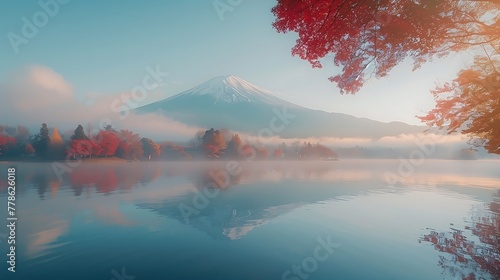 Colorful autumn season at Lake Kawaguchiko with morning fog 