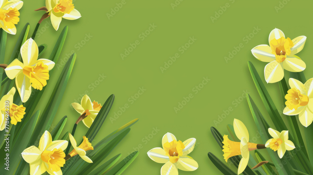 Vibrant yellow daffodils on a fresh green background, perfect as a banner with blank space for spring concepts or floral designs Vibrant yellow daffodils on a fresh green background, perfect as a banner with blank space for spring concepts or floral designs