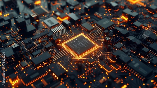 Integrated microchip embedded in a circuit board, symbolizing advanced technolodgy photo