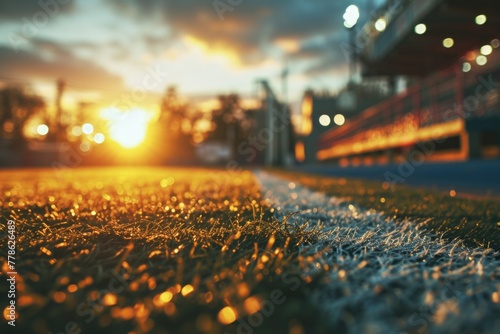Blurry image of soccer field with sun setting in background