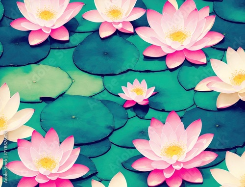 A group of pink lotus flowers floating on the surface of a green pond.