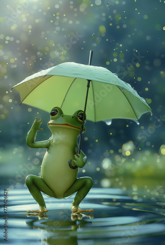 Ein grüner Frosch steht aufrecht und hält einen Regenschirm, umgeben von Regentropfen und Bokeh-Lichtern, Konzept für Aprilwetter