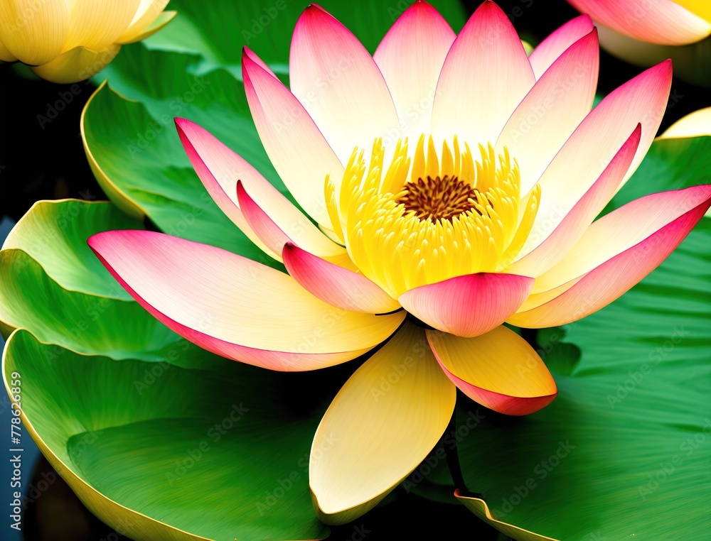 A pink lotus flower floating on the water with green leaves around it.