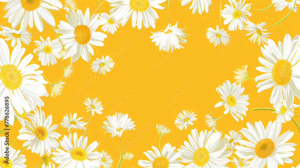 Overlapping daisies scatter atop a vivid yellow background suitable for a banner with blank space