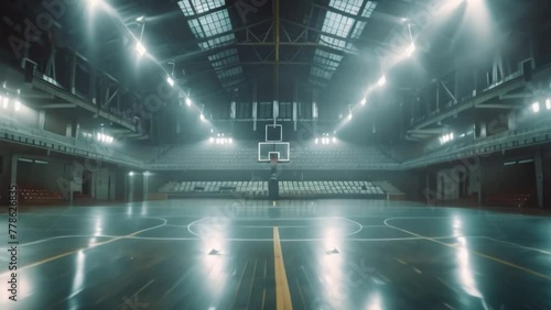An empty indoor basketball court with no people Landscape image with copy space for the background of a professional basketball court in a large stadium. There are rows of empty seats.	 photo
