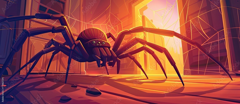 Spiders are seen in a room, one near a window and another on the floor, emphasizing their presence in the space. Spiders are seen in a room, one near a window and another on the floor, emphasizing their presence in the space.