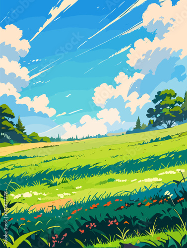 Peaceful Meadow with Vivid Blue Sky