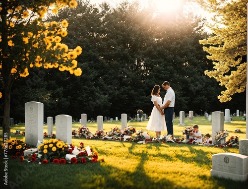A couple standing in a cemetery, surrounded by gravestones and flowers. (ID: 778627285)