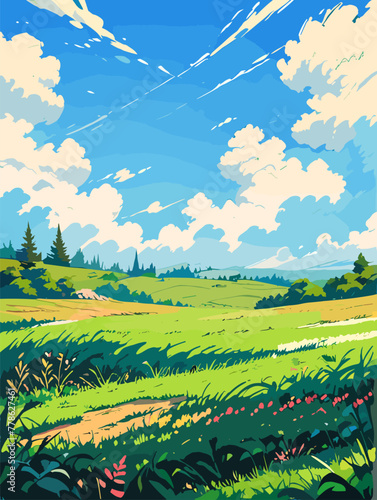 Peaceful Meadow with Vivid Blue Sky