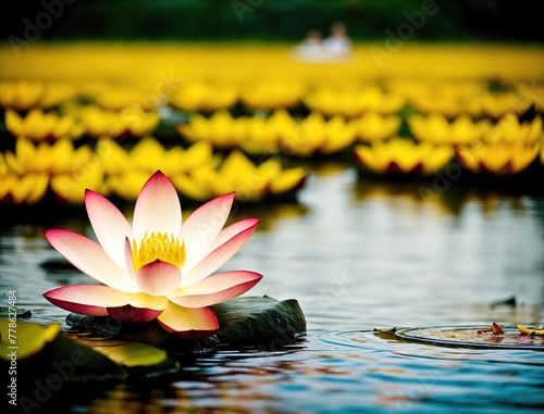 A pink lotus flower floating on the surface of a pond surrounded by yellow water lilies.