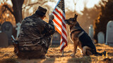 photo from behind of a US flag dog war veteran under sunlight in front of a tombstone memorial day independence day or veterans day concept