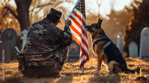 photo from behind of a US flag dog war veteran under sunlight in front of a tombstone memorial day independence day or veterans day concept