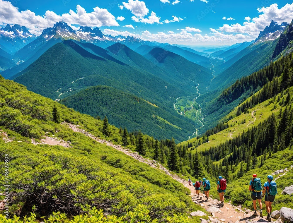 A group of hikers walking along a mountain trail with a beautiful view of the mountains in the background.