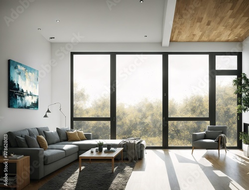 A living room with a large window that lets in natural light.
