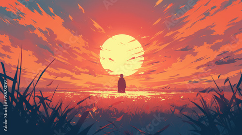 Lonely silhouette on the grassland at sunset