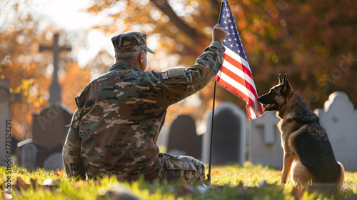 veteran soldier in front of grave with dog holding usa flag memorial day independence day or veterans day concept photo
