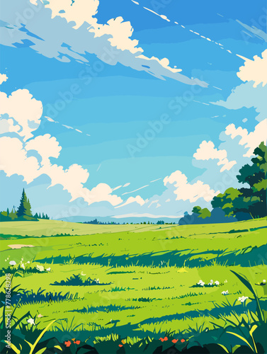 Bucolic Meadow Field with Bright Blue Sky