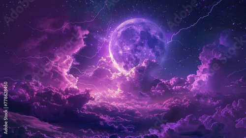 A purple sky with a purple moon and lightning bolts