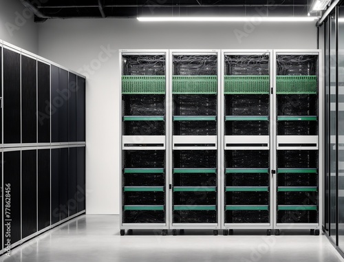 A large, modern data center with rows of servers and storage racks.