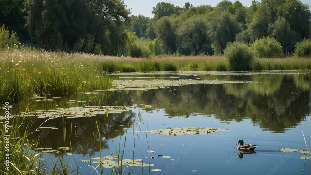 Tranquil duck swimming in serene pond Tranquil duck swimming in serene pond