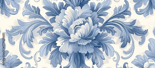 A detailed close up of an electric blue and white floral pattern on a white background, showcasing the intricate beauty of flowering plants and petals