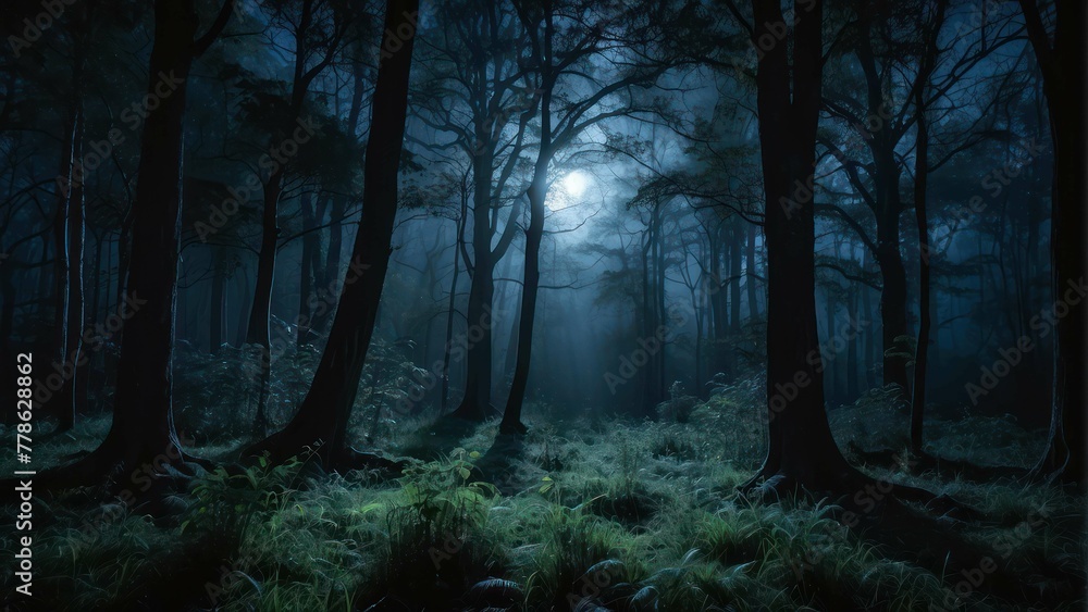 Captivating night scene in a mystical forest with tall trees Captivating night scene in a mystical forest with tall trees