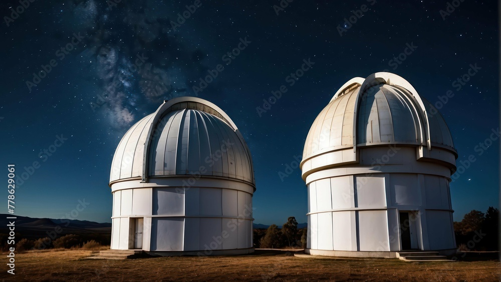 Observatory under starry night sky with meteors Observatory under starry night sky with meteors