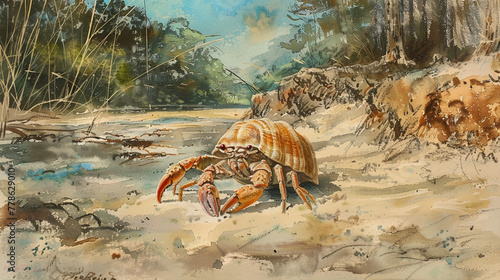Hermit crab on sandy shore  forest edge  tranquil pastel watercolor