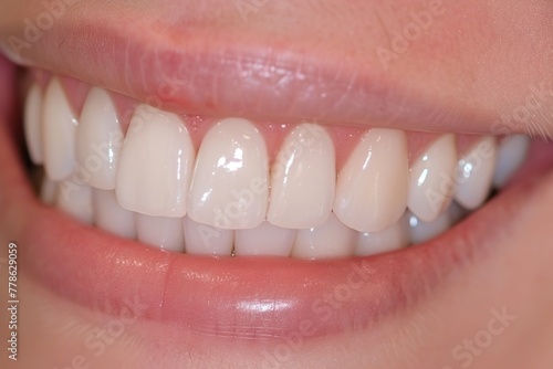 Close-up of a bright and healthy smile showcasing perfectly aligned white teeth and soft pink lips