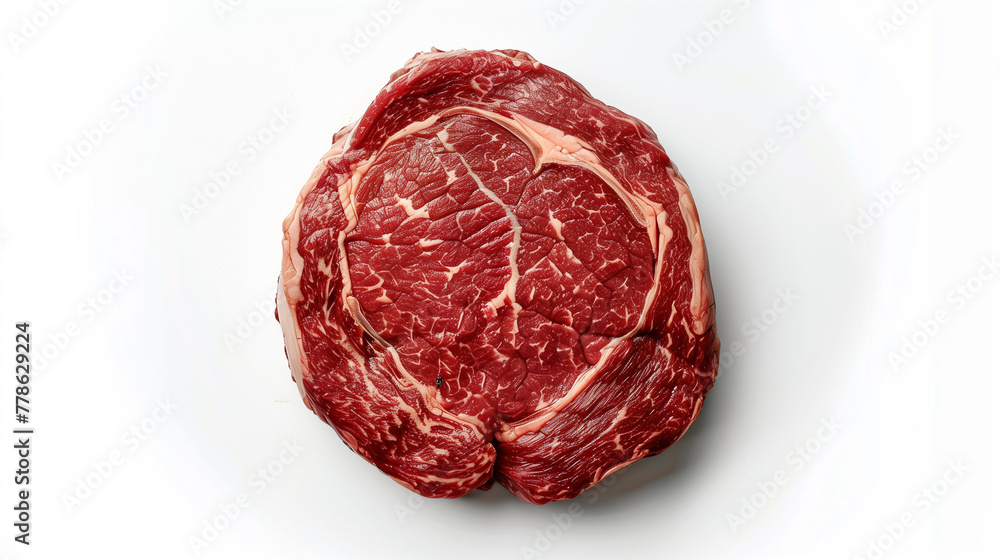 Obraz premium Premium beef cut (tenderloin/ribeye) on white background. Rich marbling, vibrant red color showcased. Design for quality, freshness, succulent dishes concept. 