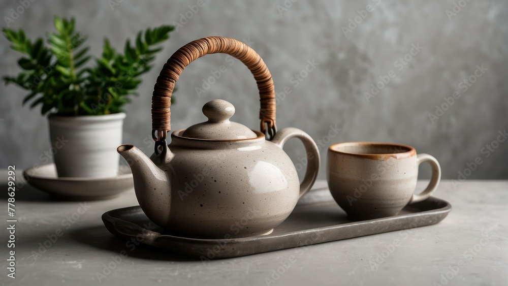 Elegant blue pottery teapot and cups on tray Elegant blue pottery teapot and cups on tray