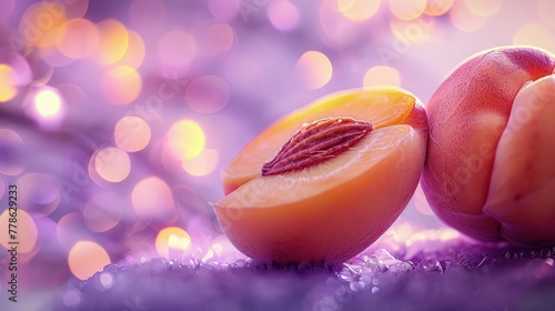 Fresh organic peach halves featuring a visible pit set against a glowing purple background with soft bokeh lights for a premium food advertising visual.
