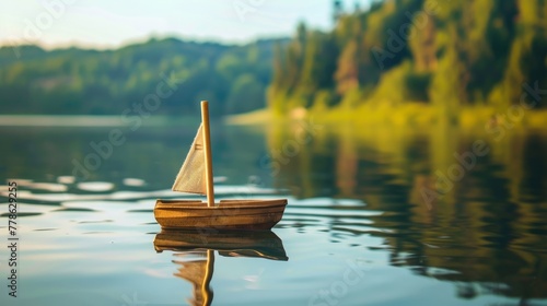 A simple wooden toy boat peacefully sailing on the calm waters