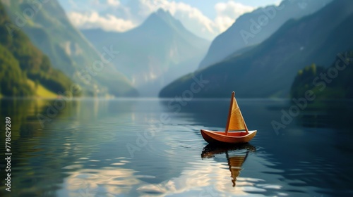 A simple wooden toy boat peacefully sailing on the calm waters photo