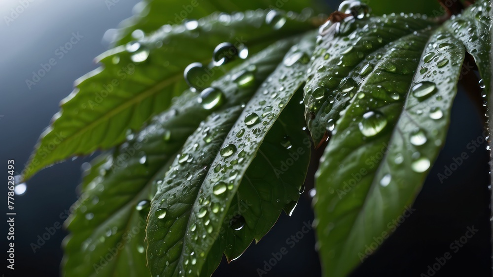 Green leaf with water droplets close up Green leaf with water droplets close up