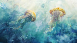 Jellyfish drifting, ethereal watercolor, soft lighting, seen from below