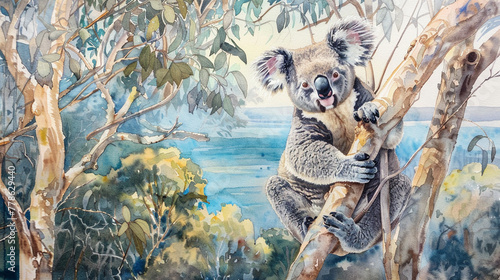 Koala in eucalyptus by sea, forest view, dreamy pastel watercolor