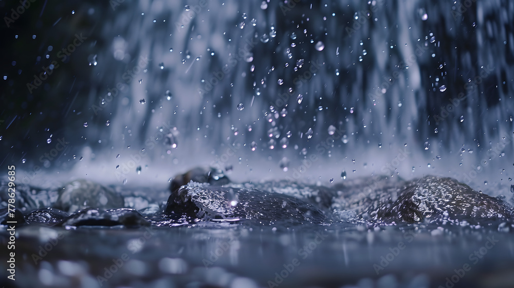 Close-up shot of water droplets splashing on rocks near waterfall Close-up shot of water droplets splashing on rocks near waterfall