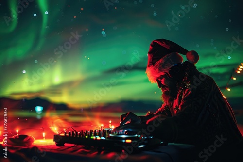 Santa DJ in a vibrant red outfit performing at a holiday event with a festive northern lights backdrop